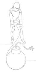 One continuous line of Man pointing with finger at Bomb. Thin Line Illustration vector concept. Contour Drawing Creative ideas.