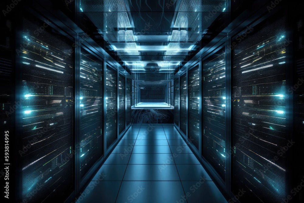 Poster data center hallway with multiple rows of servers. generative ai
