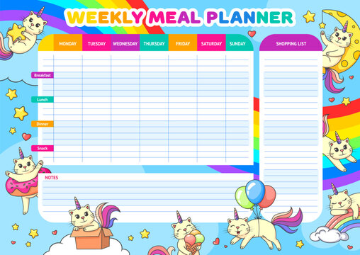 Weekly meal planner. Cartoon funny caticorn cats on rainbow. Vector food plan for week. Calendar menu for breakfast, lunch, dinner and snack with shopping list for grocery purchases, diary template