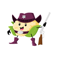 Cartoon cauliflower sheriff, cowboy, or ranger character. Funny vector vegetable western police officer with rifle gun. Veggies wear hat, gloves and boots, horseman personage on guard of the law