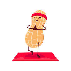 Cartoon peanut funny pod character on yoga or pilates fitness. Cute vector nut comic personage standing on mat in yogi pose with joined hands. Meditation zen class, health care yoga practice workout