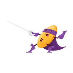 Cartoon vitamin K superhero character. Vector micronutrient defender, comics book personage wear purple cape and mask fighting on saber. Pill super hero, capsule supplement, fantasy nutrient bubble