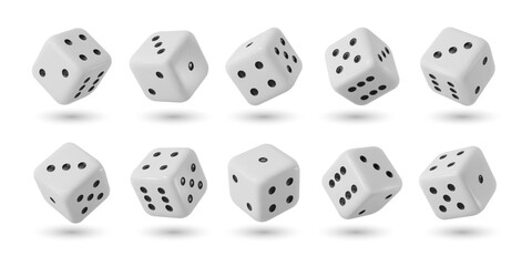 Realistic dices, 3d gamble game cubes. Isolated vector object for gambling and board games. White cubes with random numbers and black pips on facet, for casino, craps and poker, tabletop or boardgames
