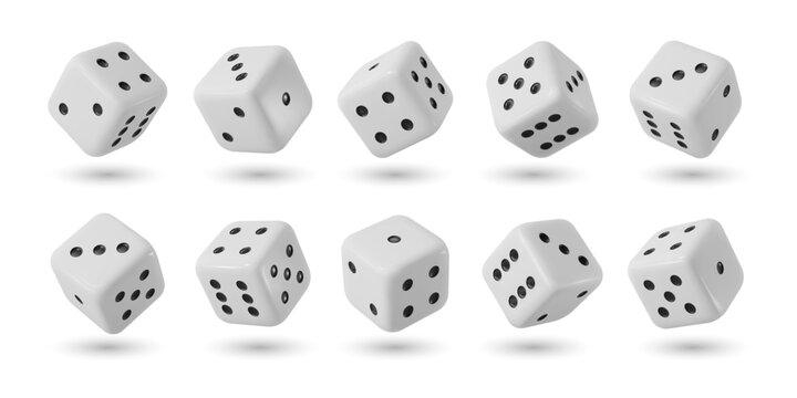 Realistic dices, 3d gamble game cubes. Isolated vector object for gambling and board games. White cubes with random numbers and black pips on facet, for casino, craps and poker, tabletop or boardgames