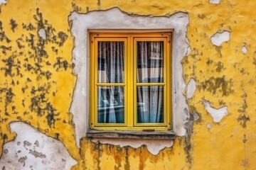 Fototapeta na wymiar Yellow Wall with a Window and Curtains. Generative AI
