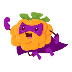 Cartoon cloudberry superhero defender character. Vector funny berry in purple cape and mask flying with raised fist. Brave plant super hero, vitamin fruit in cloak, fairytale healthy food personage
