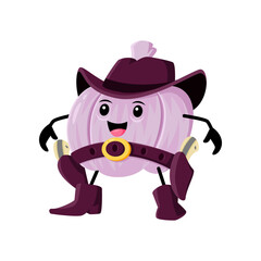 Naklejka premium Cartoon garlic vegetable cowboy and ranger, sheriff, robber and bandit character. Vector Wild west hero veggies wear hat, boot, belt with guns. Western plant personage, healthy food, brave condiment