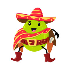 Cartoon gooseberry berry cowboy character. Vector funny robber or ranger personage wear sombrero hat, poncho and boots with guns on the belt. Isolated Wild west hero, western vitamin healthy food