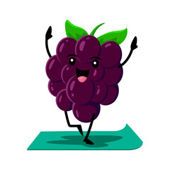 Cartoon blackberry berry character on yoga or fitness sport. Isolated vector juicy yogi personage stand in asana pose on mat with raised arms. Happy natural vitamin food healthy lifestyle, wellness