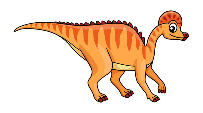 Cartoon corythosaurus dinosaur character. Isolated vector duck-billed herbivorous dino that lived in North America during the Cretaceous Period. Wildlife ancient animal with crest and long tail