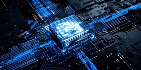 3D rendering of cyberpunk AI. Circuit board. Technology background. Central Computer Processors CPU and GPU concept. Motherboard digital chip. Tech science background.