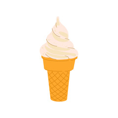 Cold ice sundae swirl in wafer cone, vanilla ice cream in waffle cone, fastfood takeaway snack. Vector cartoon creme brulee refreshing summer dessert.