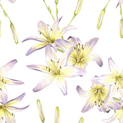 Naklejka na ściany i meble Seamless pattern of white lilies. Summer flowers. Hand drawn watercolor illustration for packaging design, wallpaper, textile.