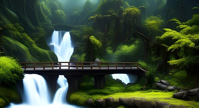  a scene of a forest with a bridge over a river, and a waterfall in the background.