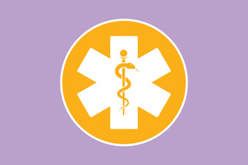 Graphic flat design drawing of medical snake health symbol, label, sticker. Medicine system and health care concept. Medical icon. Medicine logo for paramedic staff. Cartoon style vector illustration