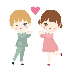 手でハートを作る男の子と女の子