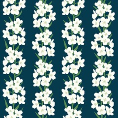 Fototapeta na wymiar Hand drawn seamless pattern with white cuckoo flowers in vertical line on dark blue navy background. English meadow wildflower, floral wild plant, elegant victorian pattern, bloom blossom bouguet