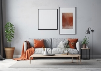 Mockup poster frame on the wall of living room. Scandinavian style. Modern interior design. 3D render, 3D illustration.