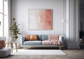 Mockup poster frame on the wall of living room. Scandinavian style. Modern interior design. 3D render, 3D illustration.