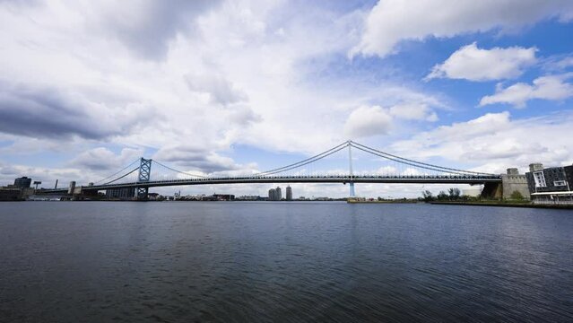 Benjamin Franklin Bridge on a cloudy warm day over the Delware River 