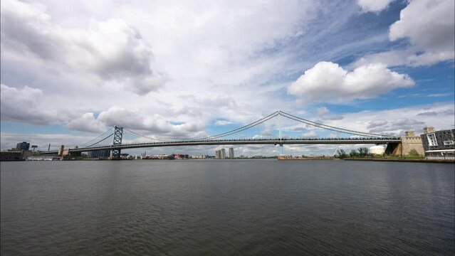 Benjamin Franklin Bridge timelapse with clouds moving over the Delaware River
