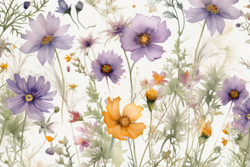Fototapeta na wymiar Cosmos, coreopsis, bells, lavender, and green leaves on branches make up this floral seamless design. Watercolor textile or wallpaper design with an emphasis on detail, generative AI