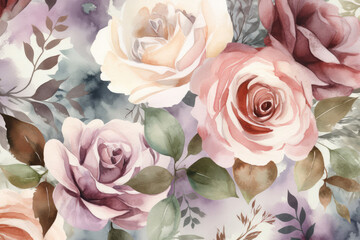 Watercolor roses on a soft pastel backdrop form a seamless pattern, generative AI