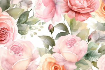 Watercolor roses on a soft pastel backdrop form a seamless pattern, generative AI