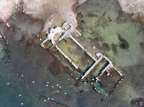 Aerial view Aziz Neophytos Basilica (After Isa 740) under Iznik lake in Bursa, Turkey.