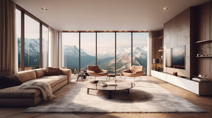 Fototapeta na wymiar Modern luxury spacious penthouse living room interior design with comfortable sofa, coffee table, TV cabinet, TV on the wall and large glass window with mountain view 