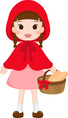 Brown-haired cartoon girl in dress and cape, carrying basket