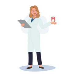 Dental medical concept. Female Dentist with clipboard is presenting or showing the result of tooth treatment. Flat cartoon Vector illustration