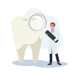 Dental medical , teeth checkup concept. male Dentist with a big magify and teeth. Flat vector cartoon illustration