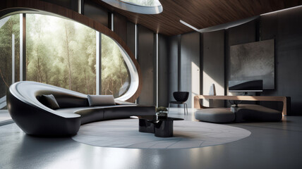 Modern living room with wooden details, futuristic with large windows, minimalist furniture. Living room with modern and futuristic design. Generative AI