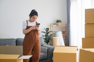 Fototapeta na wymiar Modern female people in moving home apartment leisure indoor activity alone.
