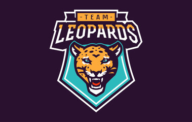 Sports logo with leopard mascot. Colorful sport emblem with leopard mascot and bold font on shield background. Logo for esport team, athletic club, college team. Isolated vector illustration