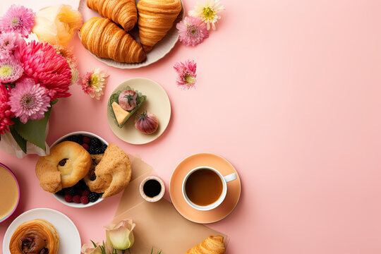 Mother's Day Brunch: A top view photo of a delicious brunch spread including pastries, fresh fruits, coffee, and a bouquet of pink flowers on an isolated pastel yellow background with copyspace. 