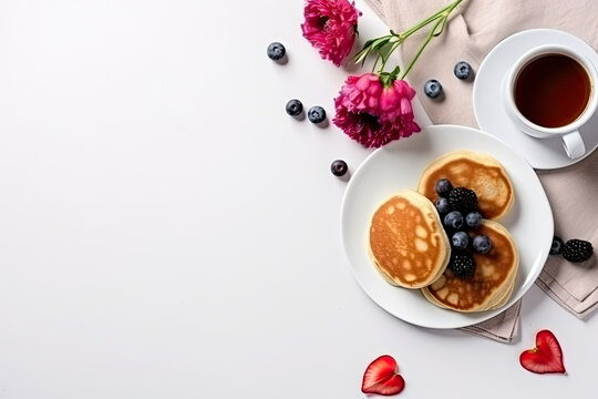 Top view photo of a breakfast tray with heart-shaped pancakes, fresh berries, a cup of coffee, and a pink flower on an isolated white background with copy space for Mother's Day concept.