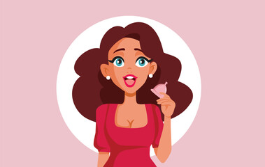 Cheerful Girl Holding a Period Cup Vector Cartoon Illustration. Joyful woman using a sustainable ecological protection during menstruation cycle
