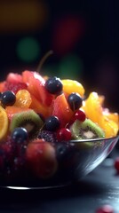 Fototapeta na wymiar Juicy Fruit Salad. Extreme close up. Juicy pulp. Glistening in the light. Delicious fruit dessert. Generative AI.