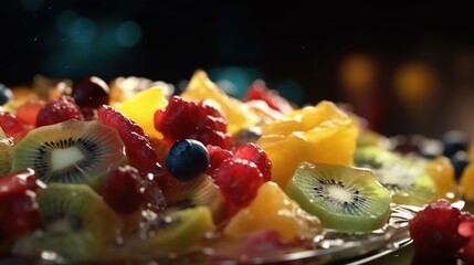 Fototapeta na wymiar Juicy Fruit Salad. Extreme close up. Juicy pulp. Glistening in the light. Delicious fruit dessert. Generative AI.