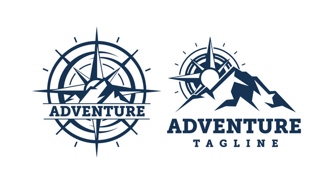 Mountain compass logo design template. Compass silhouette logo clipart. Adventure logo
