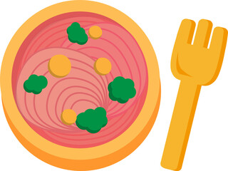 Illustration of a bowl of red noodles with fork