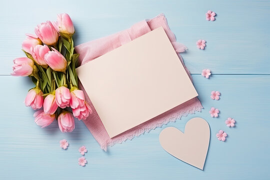 Top view photo of a pink postcard with "Happy Mother's Day" written on it, heart shaped sprinkles and a bouquet of pink flowers on isolated pastel blue background with copyspace.