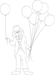 風船を持ったピエロのイラスト　線画