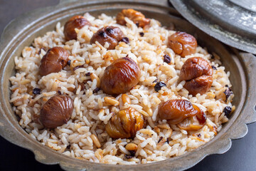 Traditional delicious Turkish food; chestnut rice pilaf (Turkish name; kestaneli pilav)