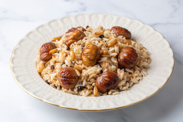 Traditional delicious Turkish food; chestnut rice pilaf (Turkish name; kestaneli pilav)