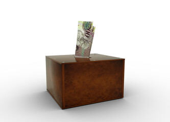Botswanan Pula notes inside wooden savings box. Generic savings Bank, Penny Bank, Money Box. 3d rendering