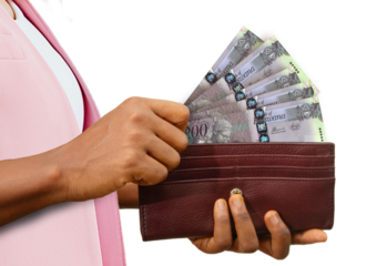 fair Female Hand Holding brown Purse With Botswanan Pula notes, hand removing money out of purse isolated on white background