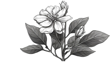 Black & White Hand Drawing Of Magnolia Flower With Leaves On Isolated Background, Generative Ai